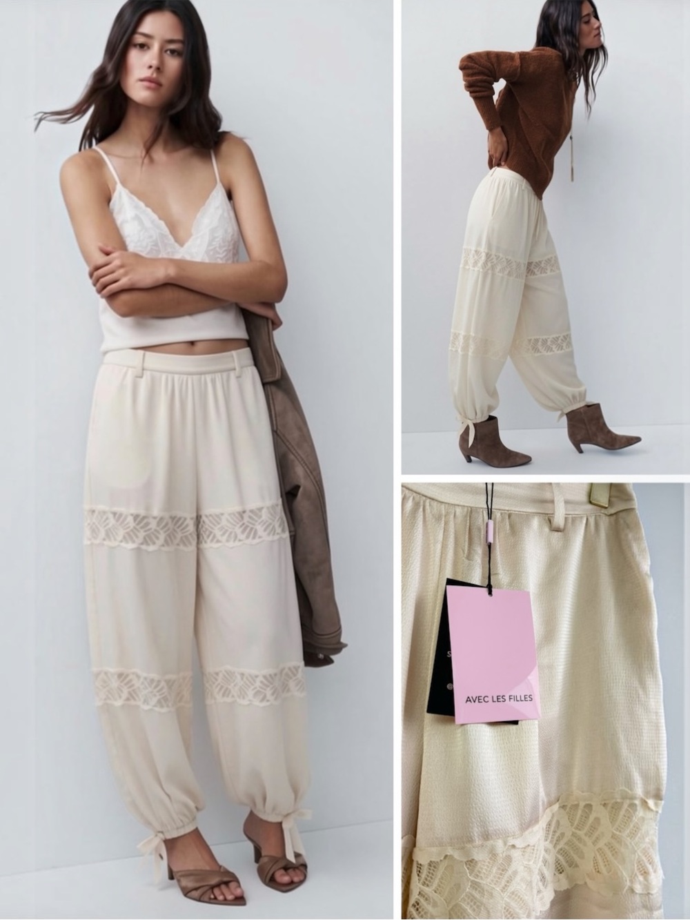 Satin Avec Les Filles Balloon Pant Ivory Lace Bow Tie Gathered High Rise Waist